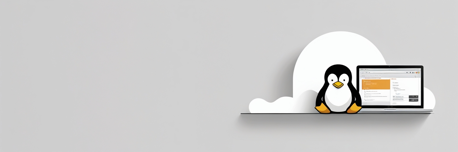 AI generated banner image of a cartoon penguin sitting next to a laptop in front of a stylized white cloud